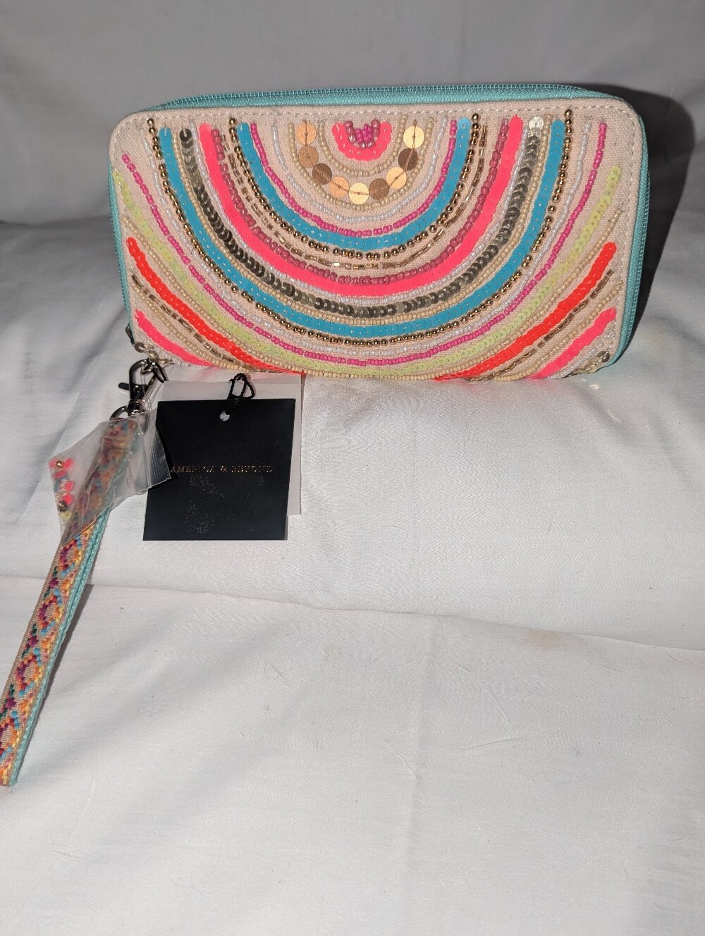 America & Beyond Embellished Multicolor Wristlet Wallet with Turquoise Trim
